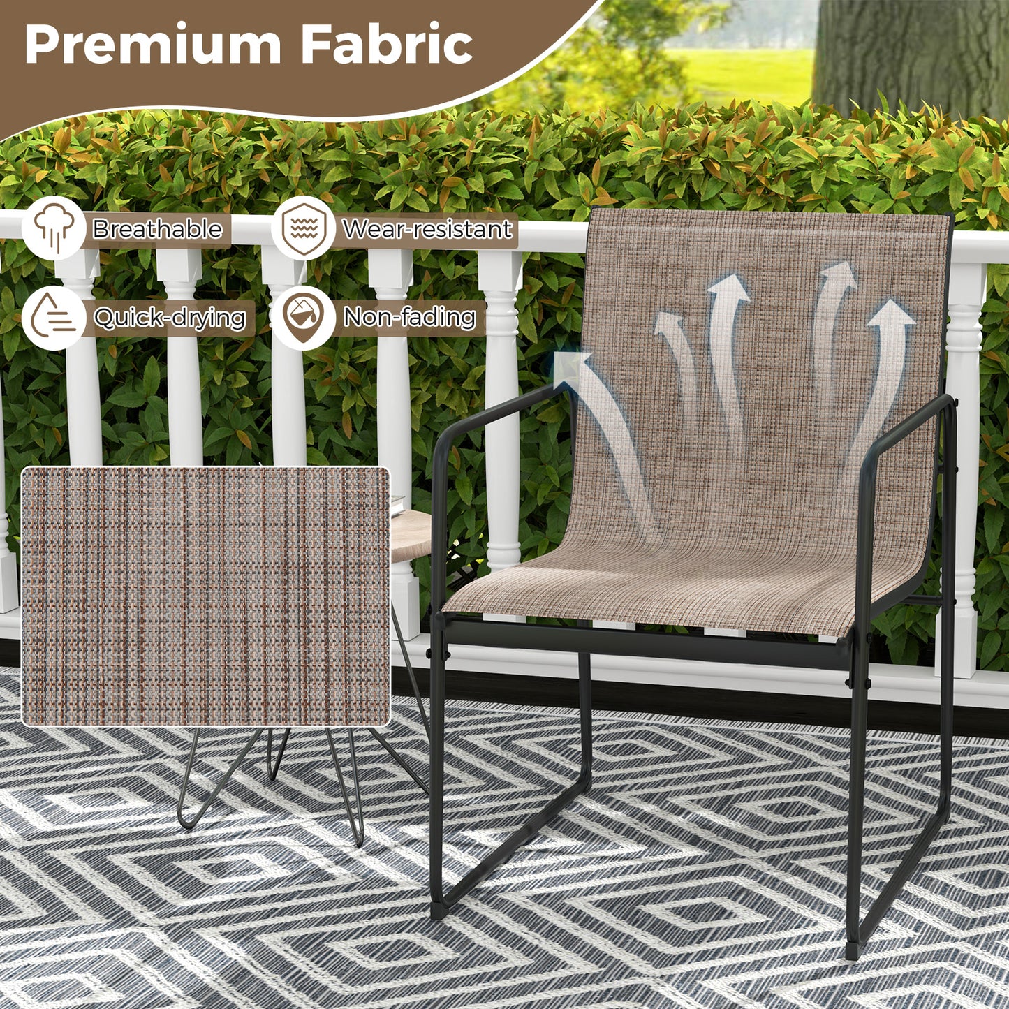 Outdoor Dining Chairs Set of 2 Patio Furniture Chair with Breathable Seat and Backrest-Brown