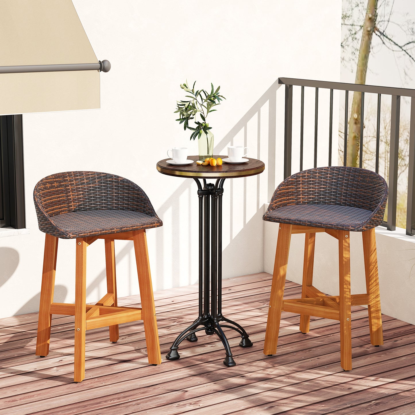 Outdoor Faux Rattan Bar Chairs Set of 2 with Ergonomic Backrests and Footrests