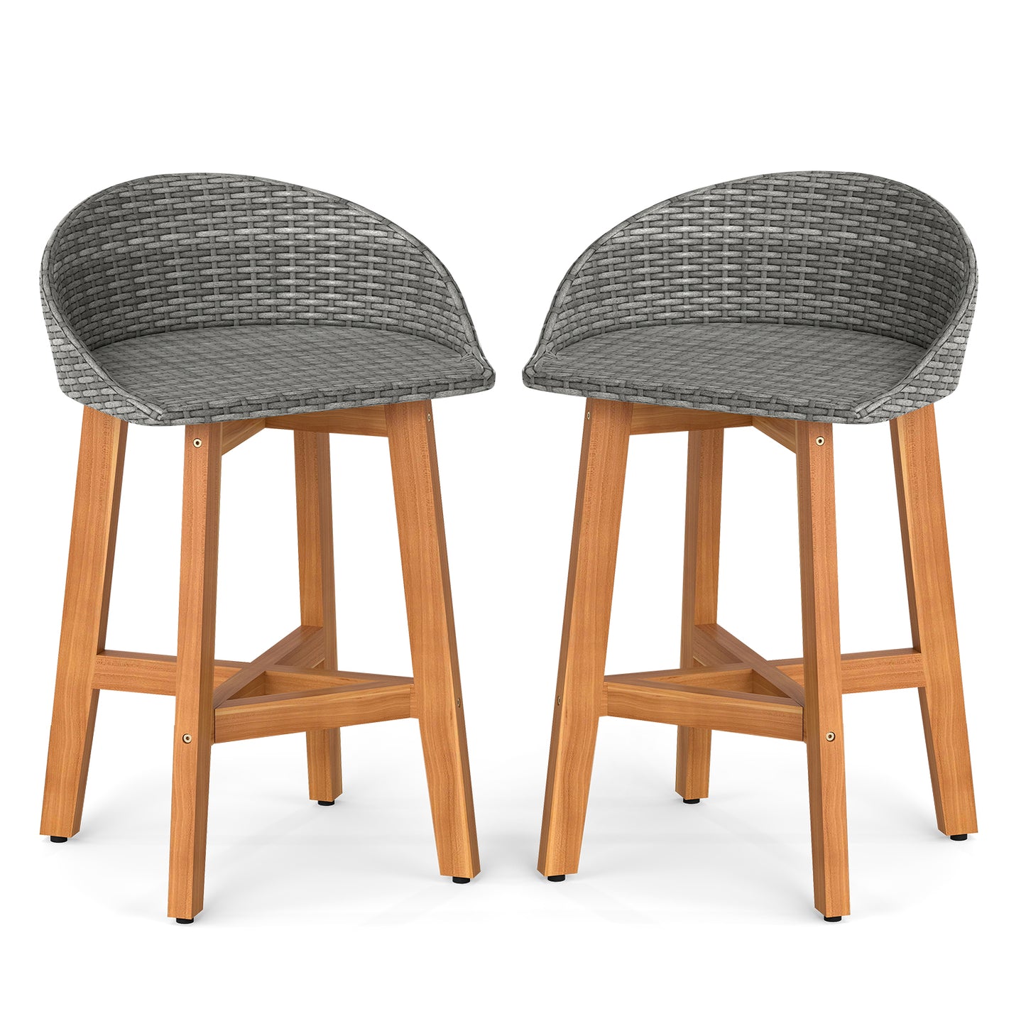 Outdoor Faux Rattan Bar Chairs Set of 2 with Ergonomic Backrests and Footrests-Brown - Gray