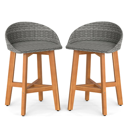 Outdoor Faux Rattan Bar Chairs Set of 2 with Ergonomic Backrests and Footrests-Brown - Gray
