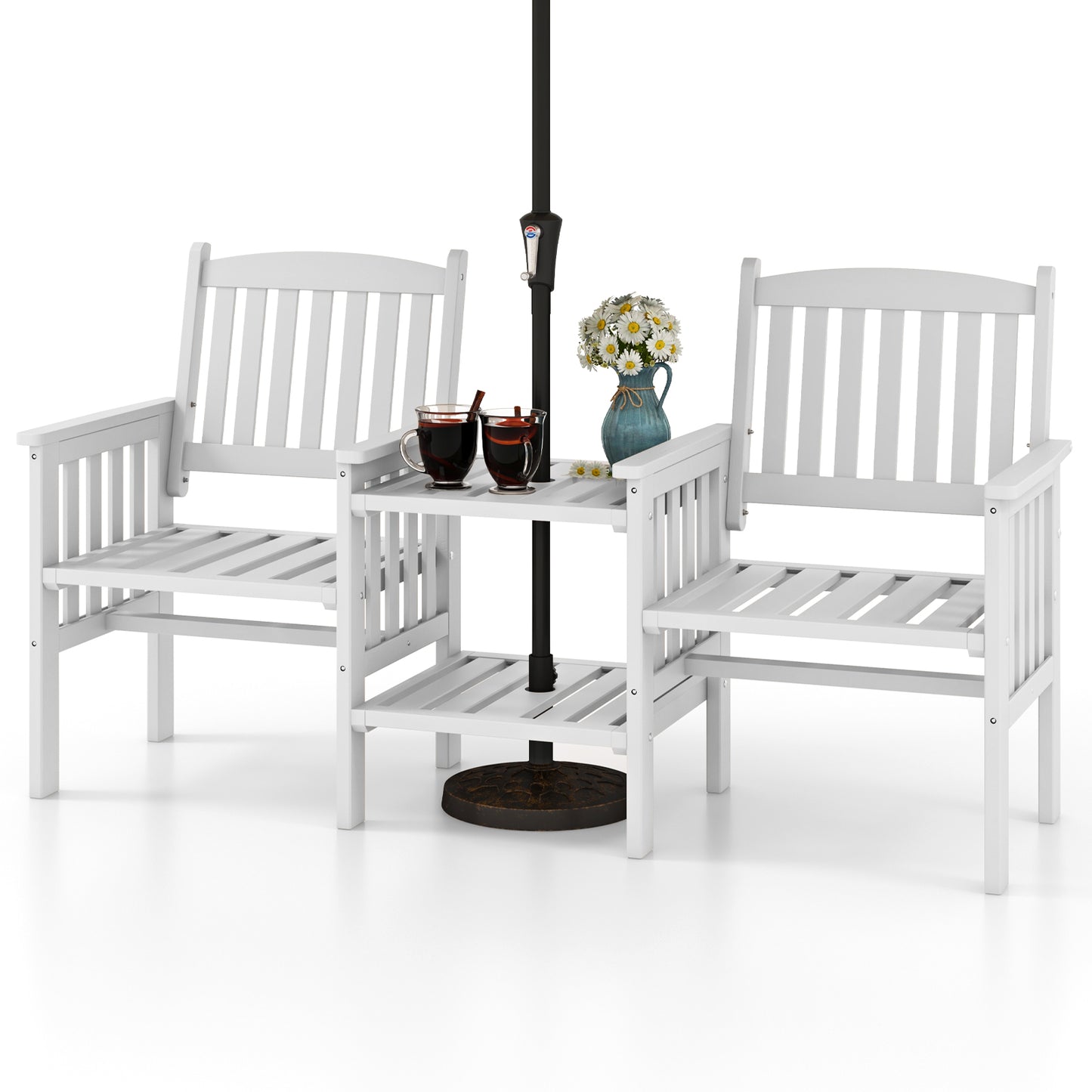 Outdoor Fir Wood Loveseat with 2-Tier Side Table and 1.96" Umbrella Hole-White - White