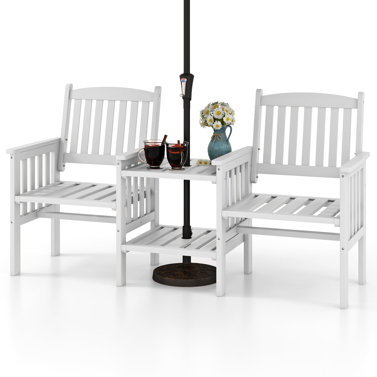 Outdoor Fir Wood Loveseat with 2-Tier Side Table and 1.96" Umbrella Hole-White - White