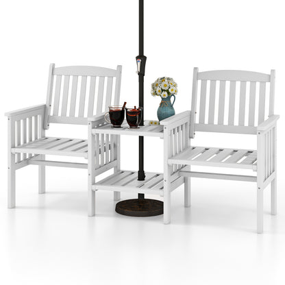 Outdoor Fir Wood Loveseat with 2-Tier Side Table and 1.96" Umbrella Hole-White - White