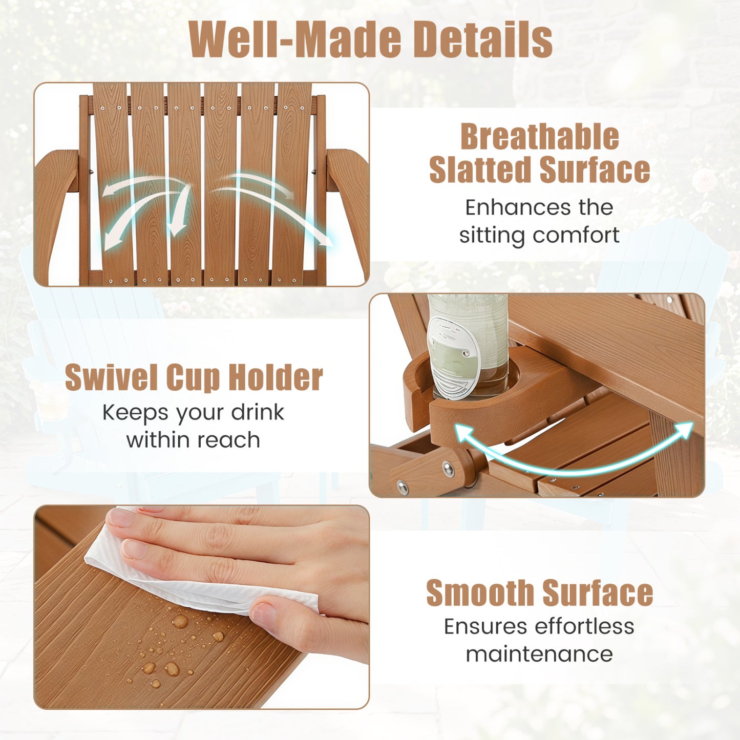 Folding Adirondack Chair with Adjustable Backrest & Cup Holder