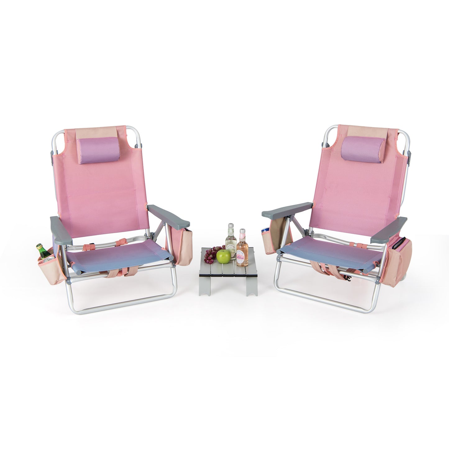 2 Packs 5-Position Outdoor Folding Backpack Beach Table Chair Reclining Chair Set-Green - Pink