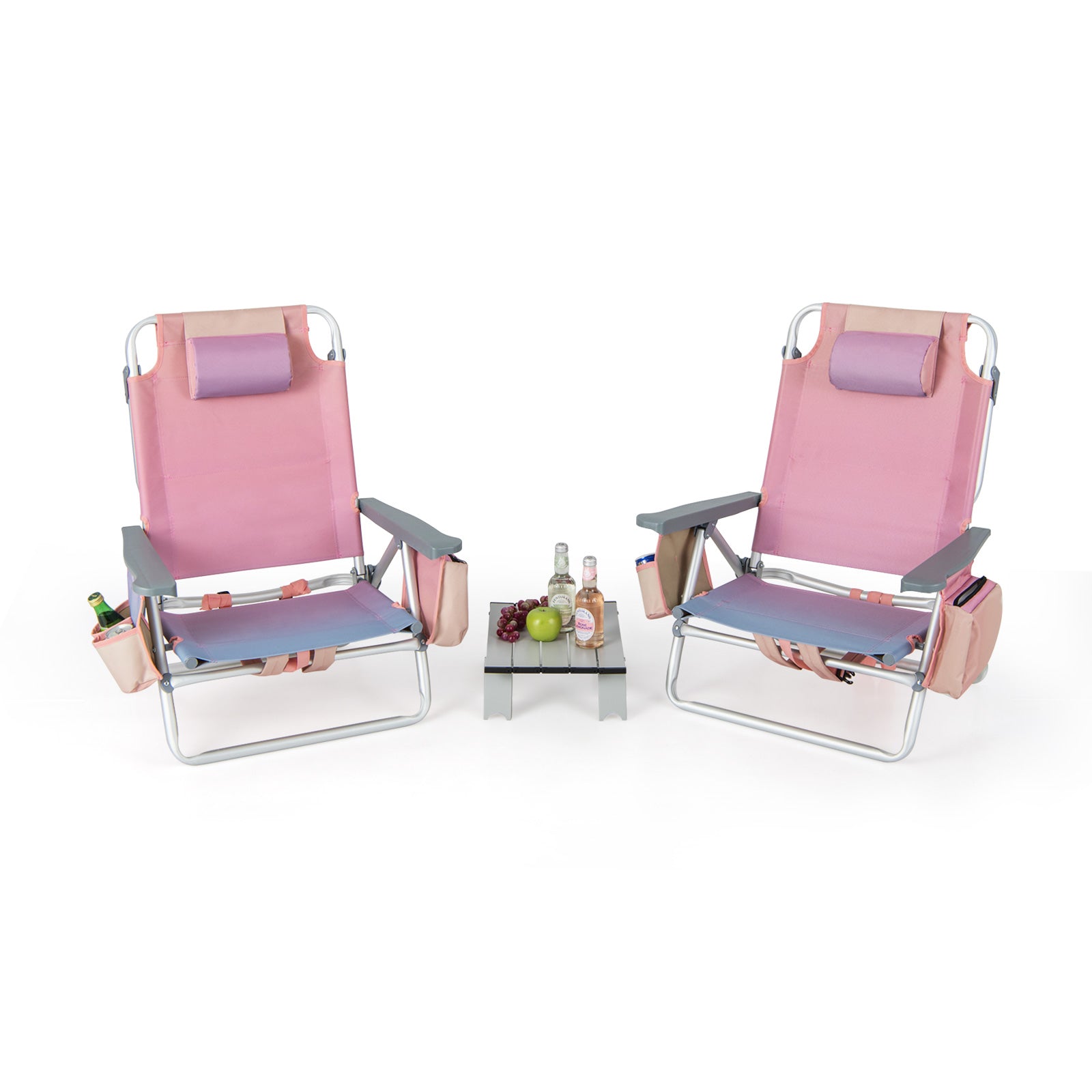 2 Packs 5-Position Outdoor Folding Backpack Beach Table Chair Reclining Chair Set-Green - Pink
