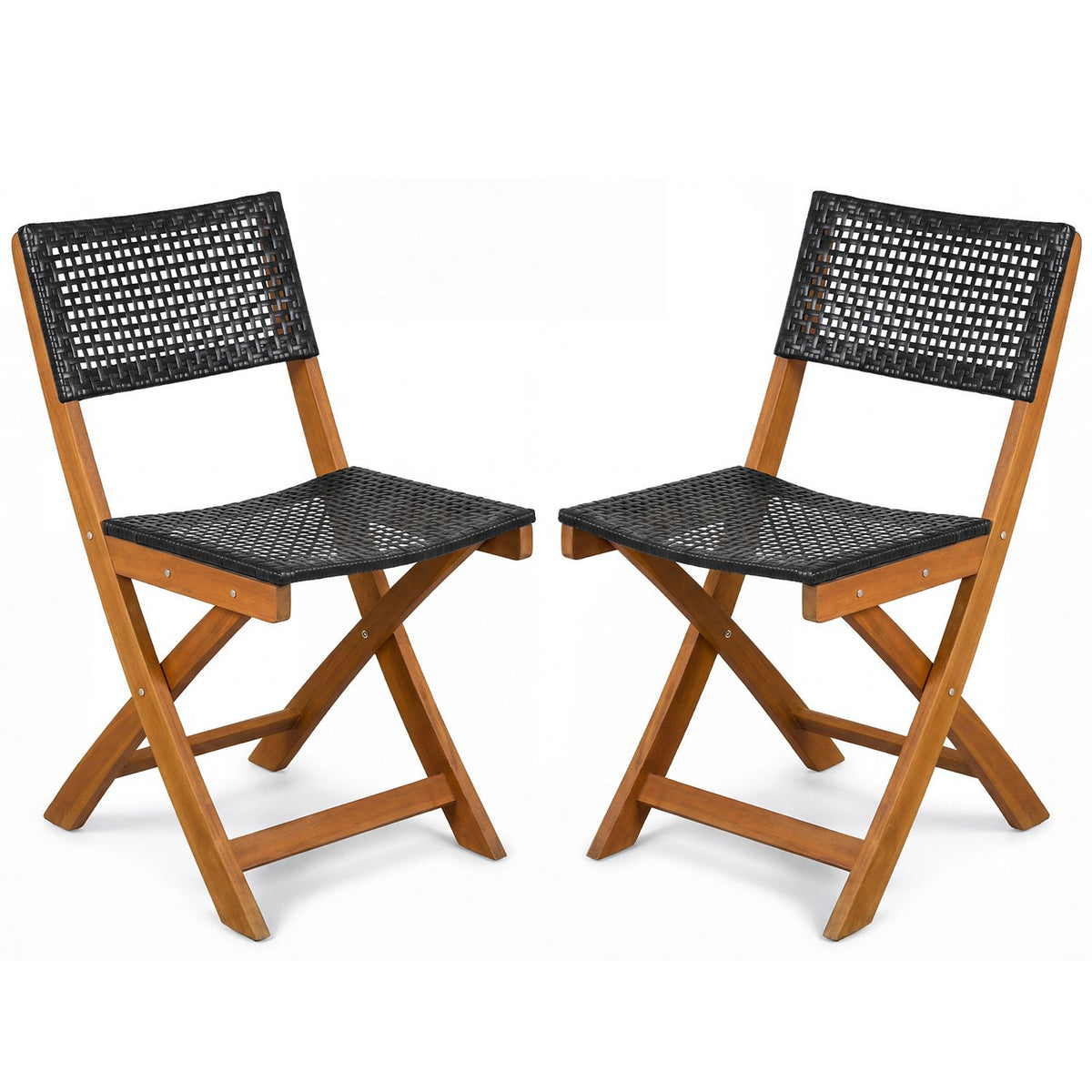 Set of 2 Outdoor Folding PE Rattan Chairs with Acacia Wood Frame for Porch Balcony Fully Assembled