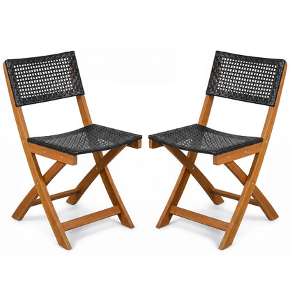 Set of 2 Outdoor Folding PE Rattan Chairs with Acacia Wood Frame for Porch Balcony Fully Assembled