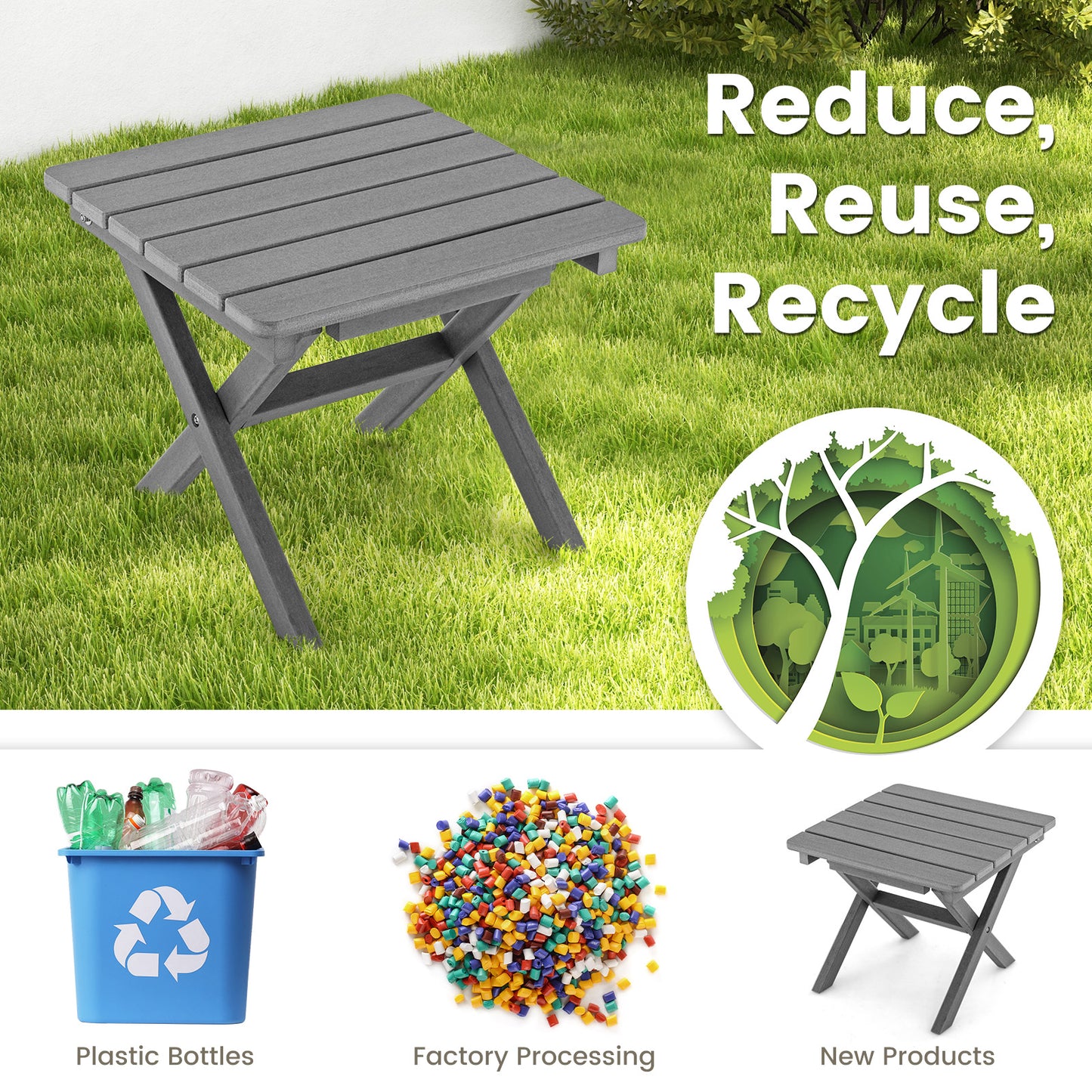 Outdoor Folding Side Table Foldable Weather-Resistant HDPE Adirondack Table-Gray