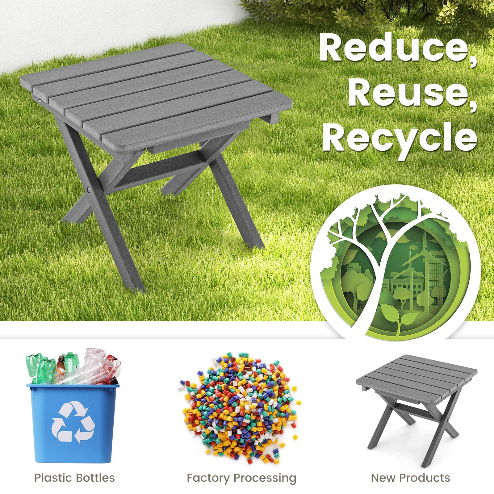Outdoor Folding Side Table Foldable Weather-Resistant HDPE Adirondack Table-Gray
