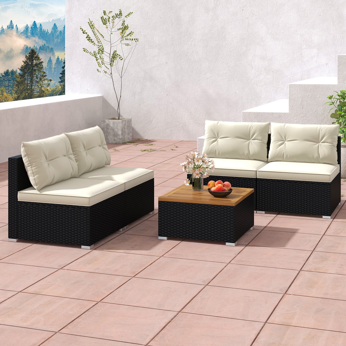 5 Piece Outdoor Furniture Set with Solid Tabletop and Soft Cushions