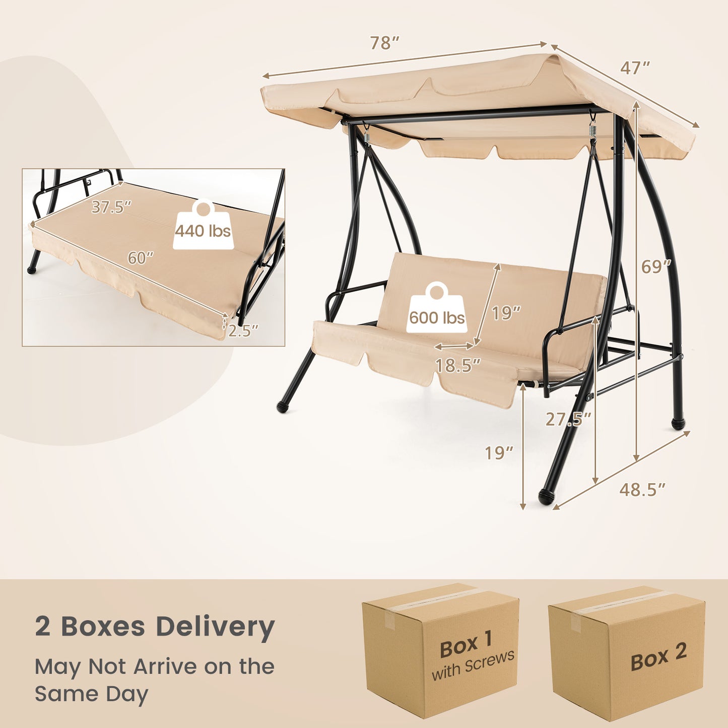 2-Seat Outdoor Convertible Swing Chair with Flat Bed and Adjustable Canopy-Beige