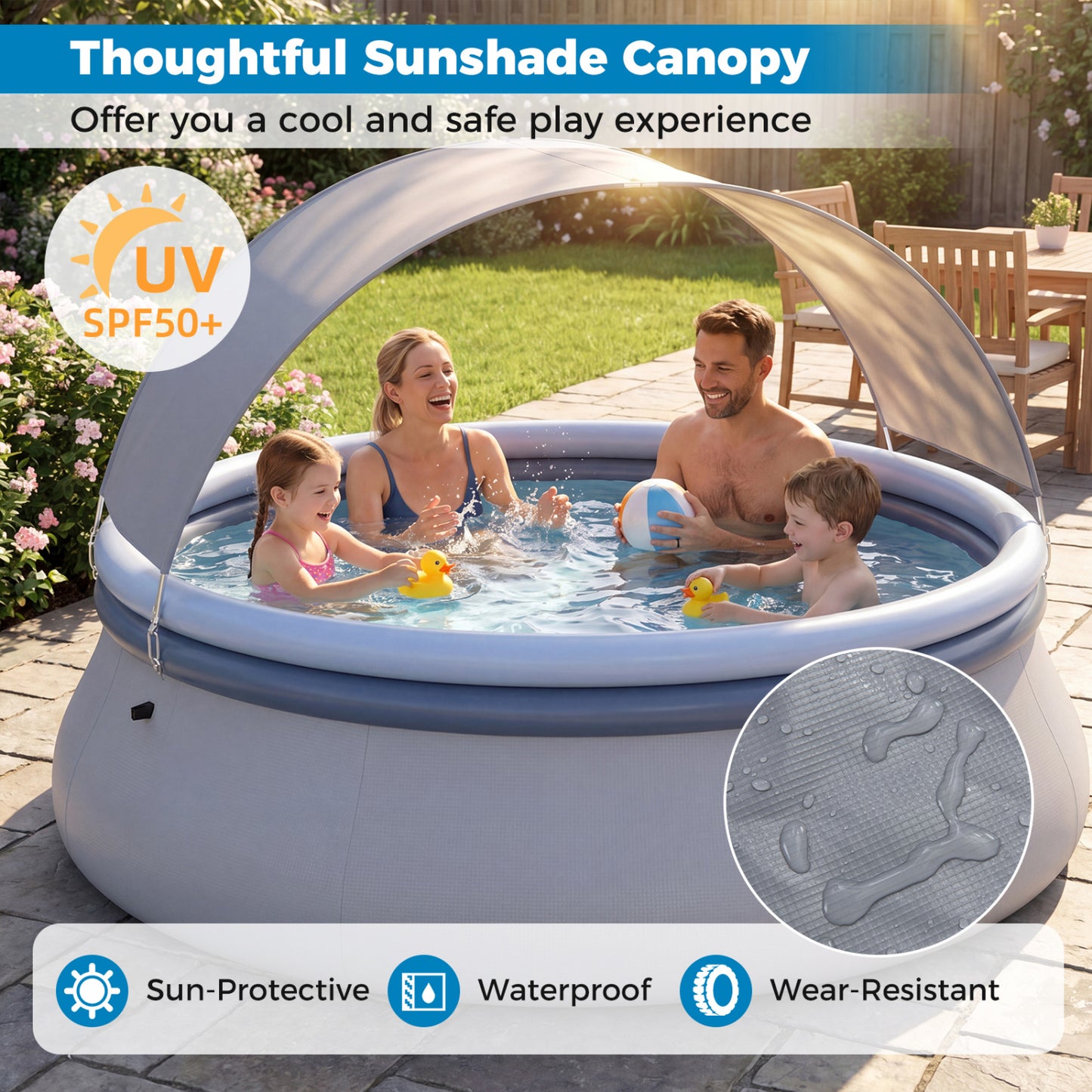 Inflatable Pool with Sunshade Canopy for Outdoor Use