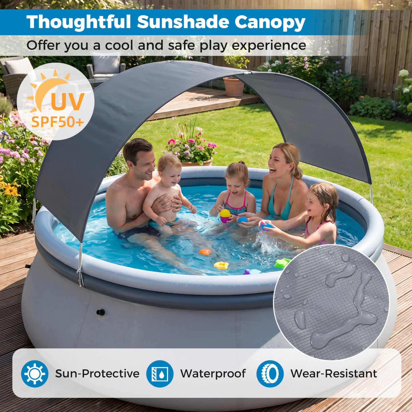 Inflatable Pool with Sunshade Canopy for Outdoor Use