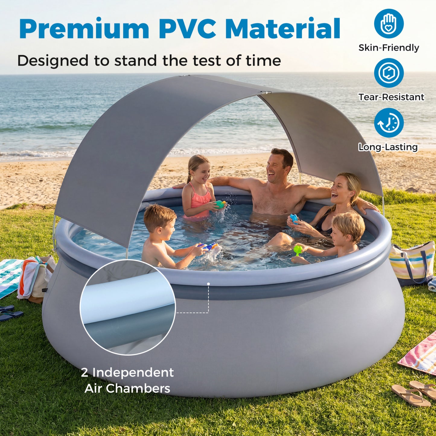 Inflatable Pool with Sunshade Canopy for Outdoor Use