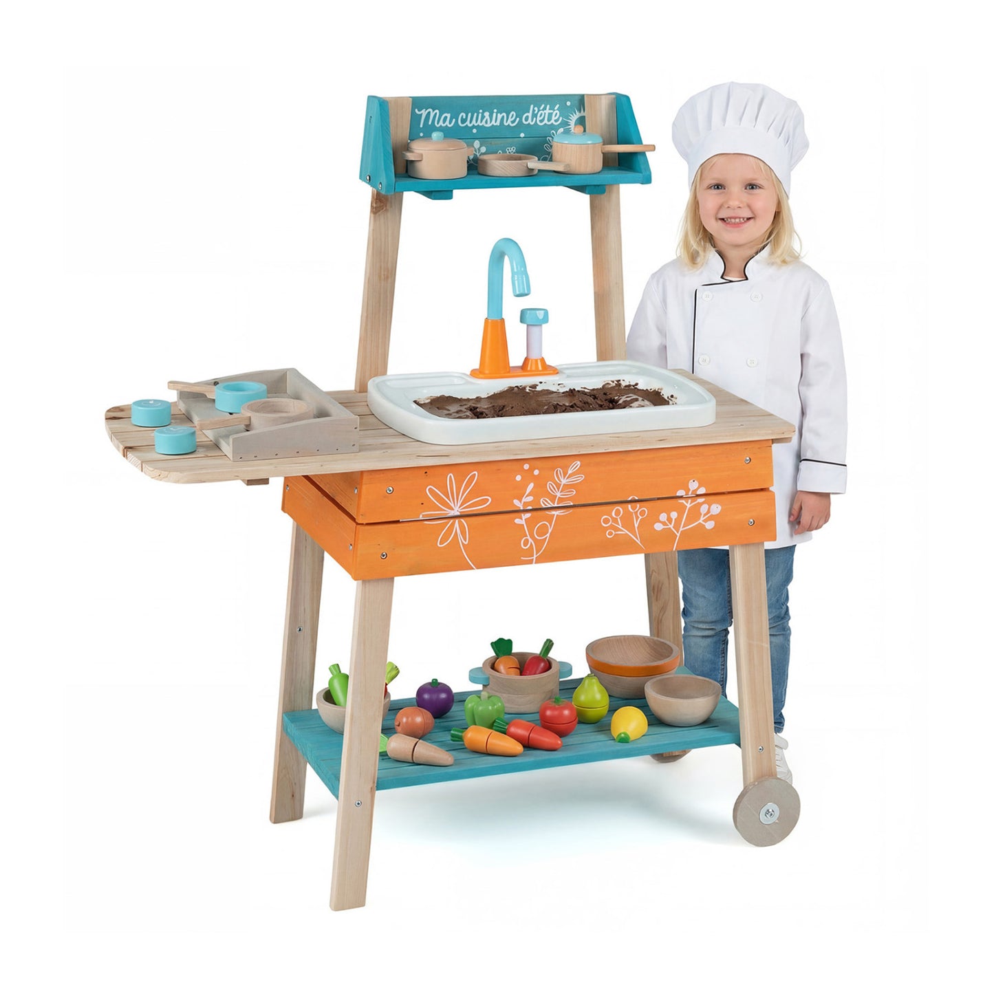 Outdoor Kids Play Kitchen Set Wooden Toy Kitchen Playset with Removable Sink