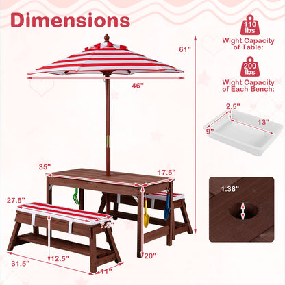 Kids Wooden Picnic Table Set with Umbrella and Sand Boxes