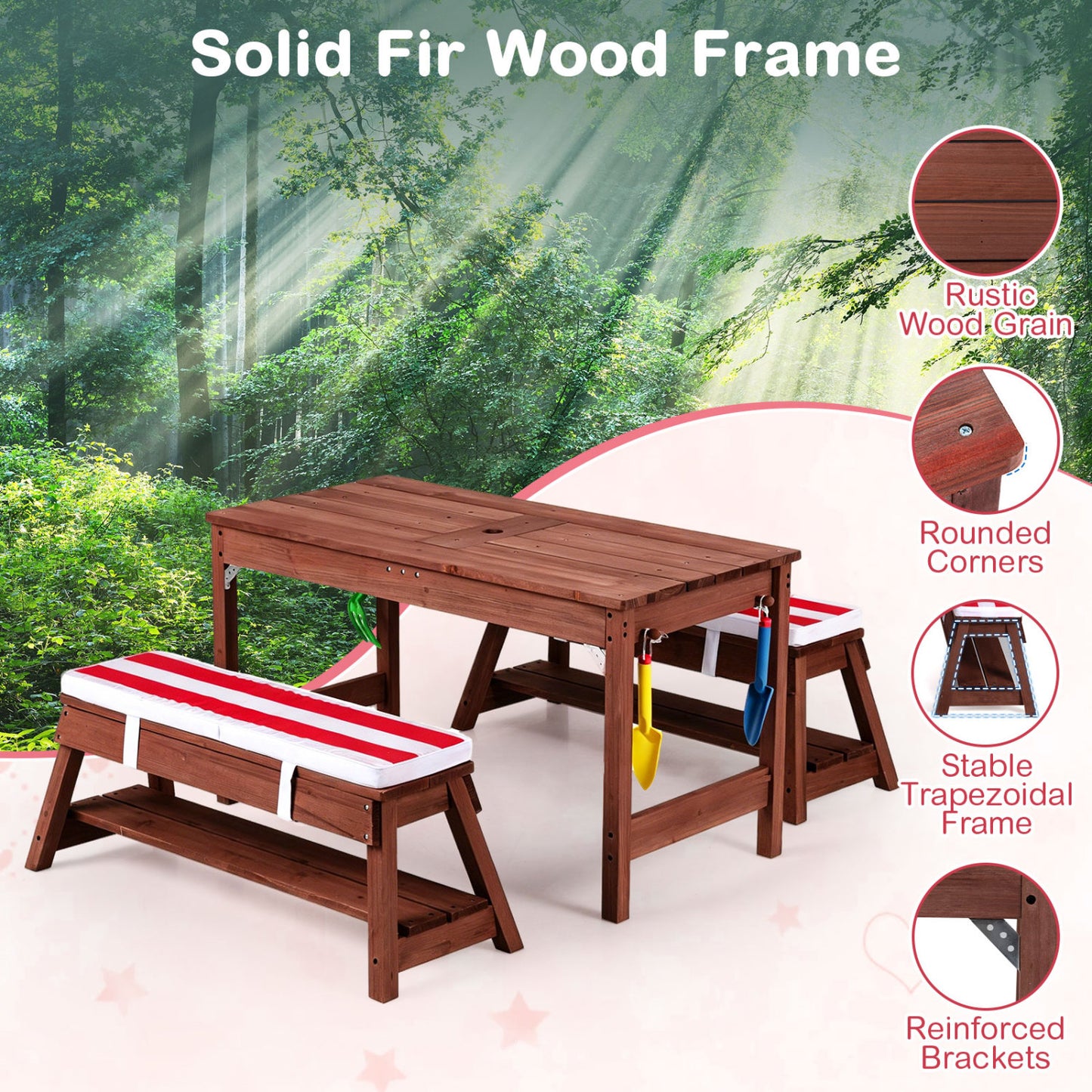 Kids Wooden Picnic Table Set with Umbrella and Sand Boxes