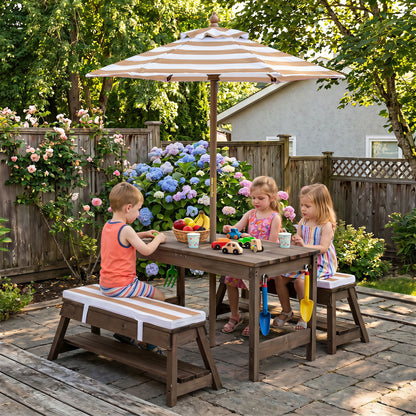 Kids Wooden Picnic Table Set with Umbrella and Sand Boxes