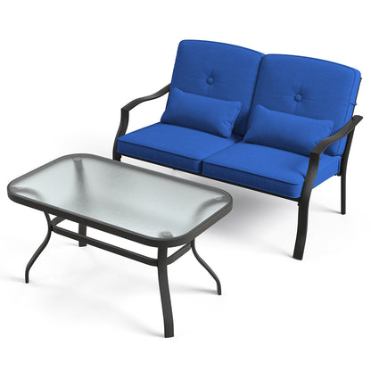 Outdoor Loveseat Chair Set with Coffee Table and Seat Back Cushions-Navy - Navy