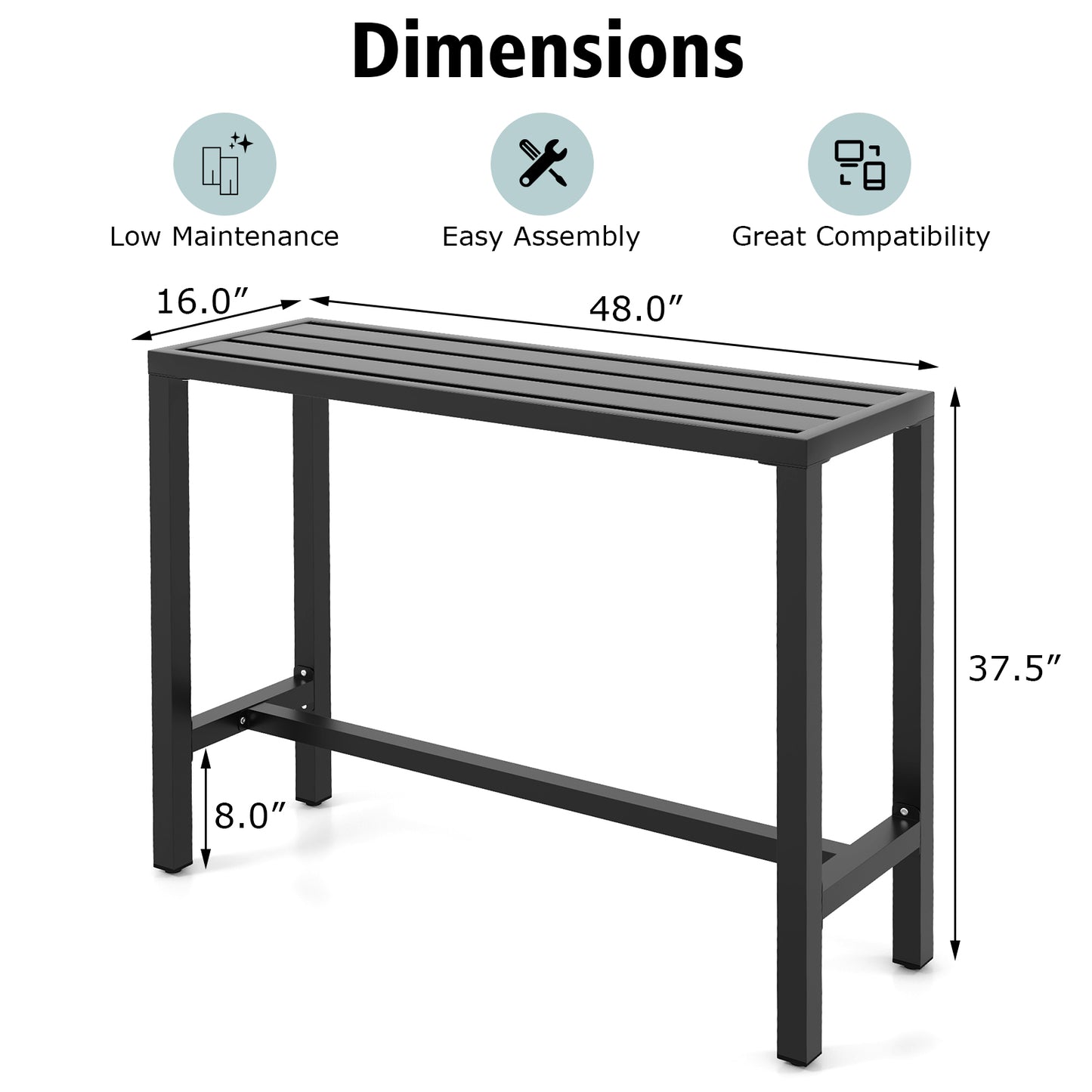48/55 Inch Outdoor Bar Table with Waterproof Top and Heavy-duty Metal Frame
