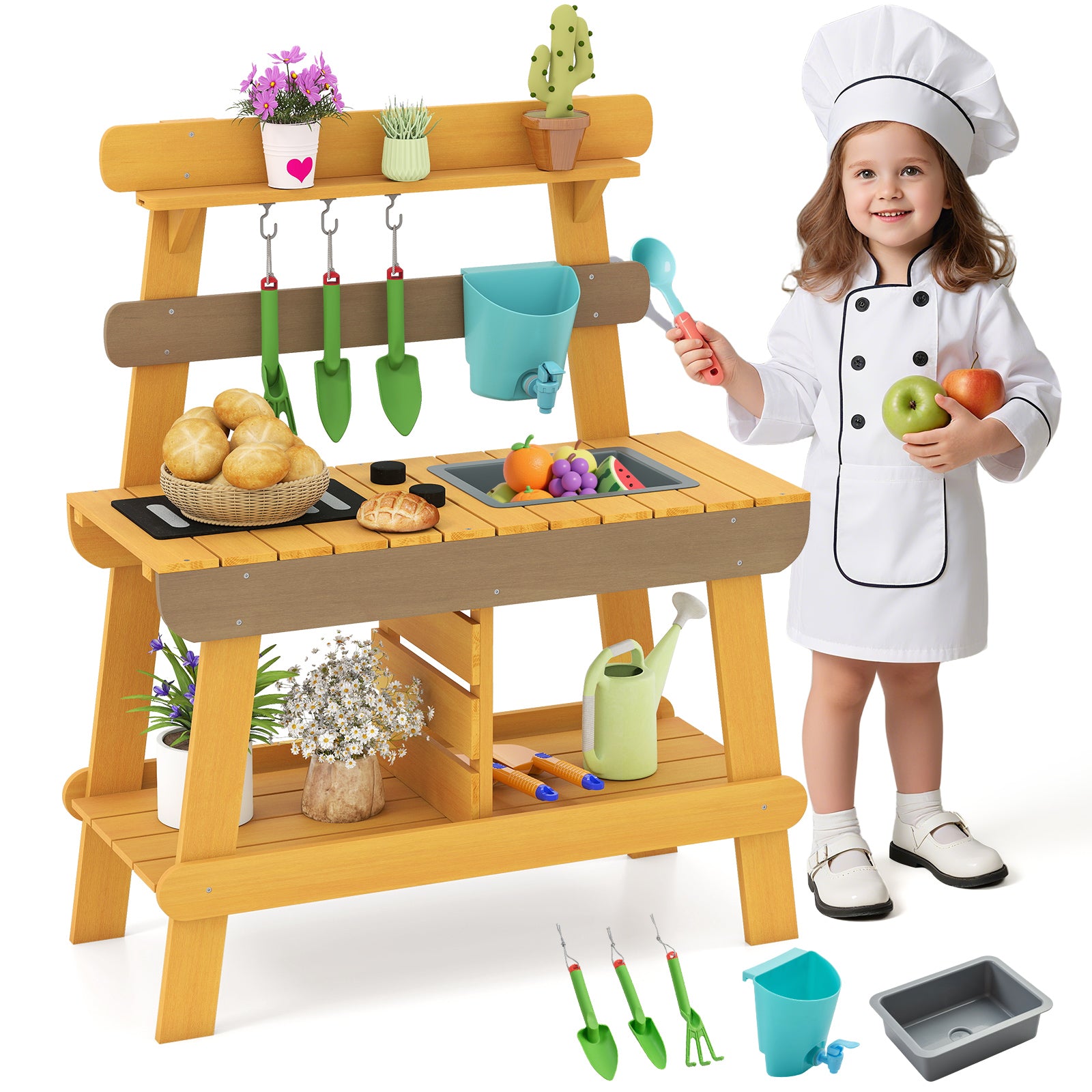 Outdoor Mud Kitchen for Kids Wooden Play Kitchen Toy for Boys Girls Aged 3-8-Yellow
