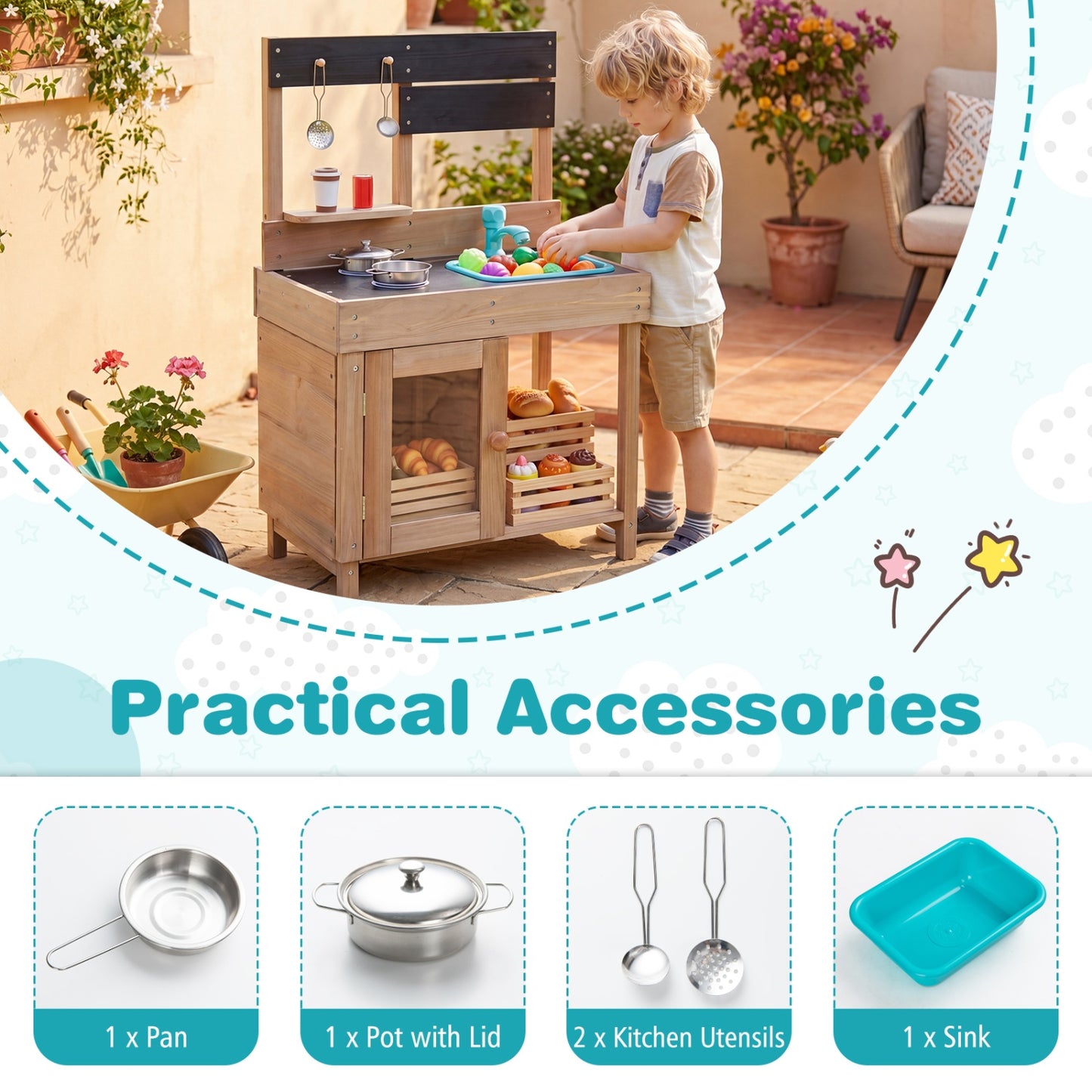 Wooden Play Kitchen with Stove, Storage & Water System