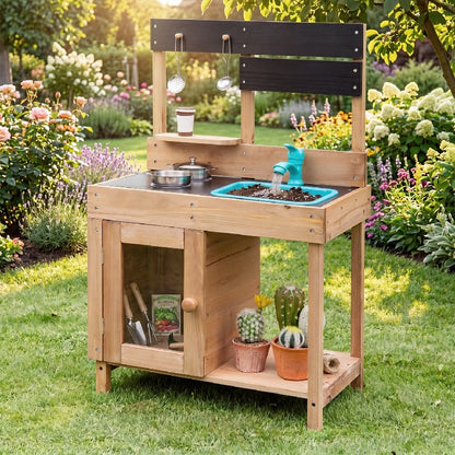 Wooden Play Kitchen with Stove, Storage & Water System