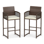 Outdoor PE Wicker Bar Stools Set of 2 Patio Bar Height Chairs with Cushions-White