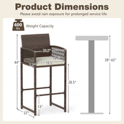 Outdoor PE Wicker Bar Stools Set of 2 Patio Bar Height Chairs with Cushions-White