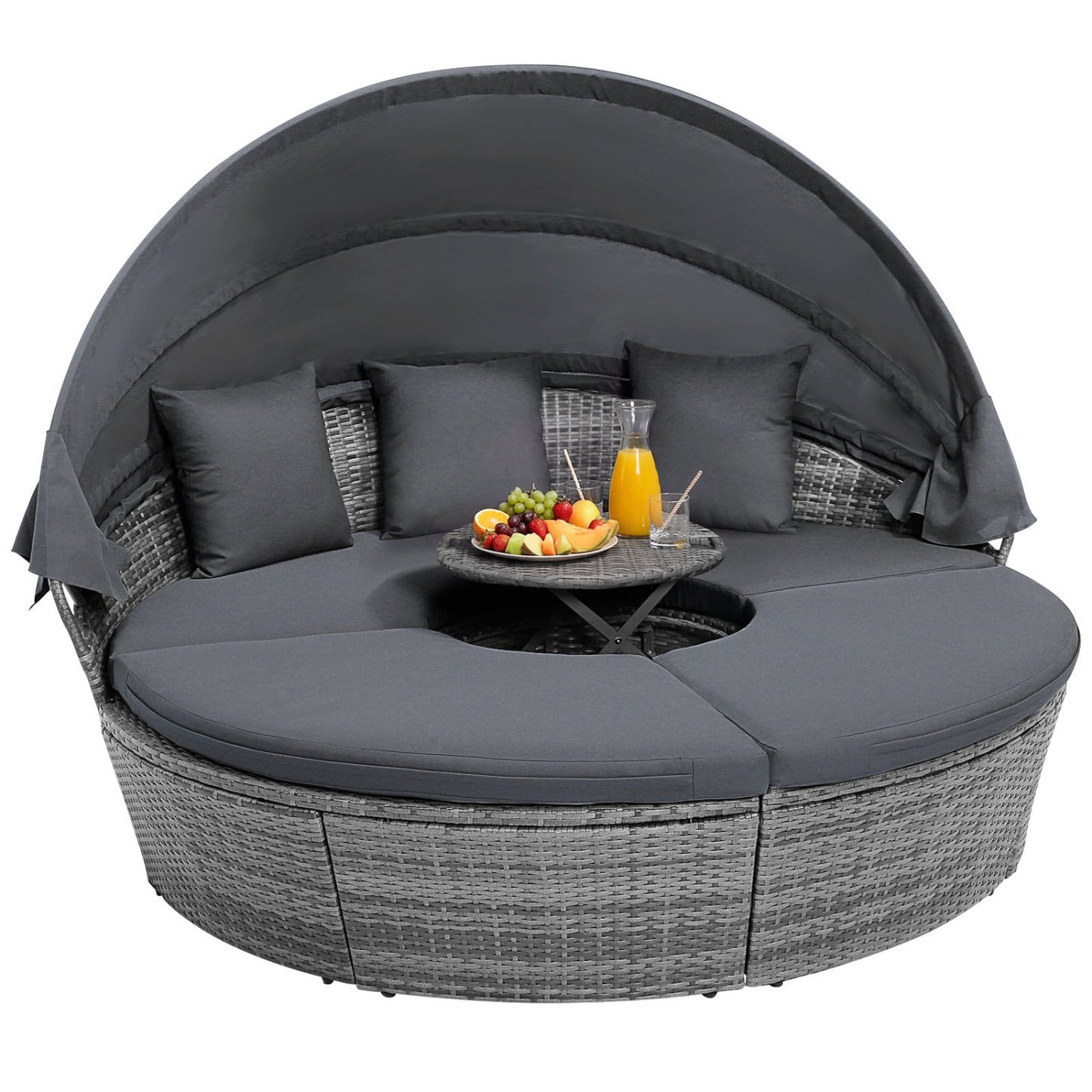 Outdoor PE Wicker Round Daybed with Retractable Canopy and Cushions-Navy - Gray