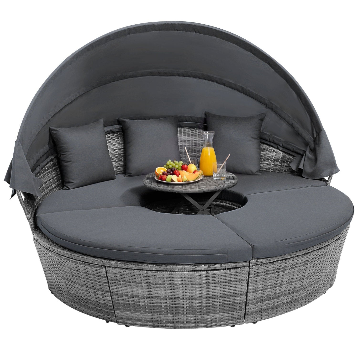 Outdoor PE Wicker Round Daybed with Retractable Canopy and Cushions-Navy - Gray