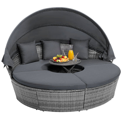Outdoor PE Wicker Round Daybed with Retractable Canopy and Cushions-Navy - Gray