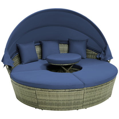 Outdoor PE Wicker Round Daybed with Retractable Canopy and Cushions-Navy