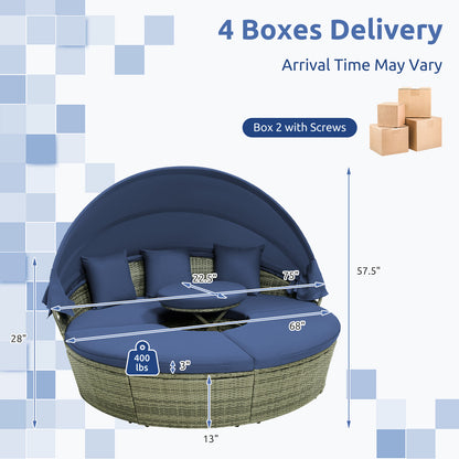 Outdoor PE Wicker Round Daybed with Retractable Canopy and Cushions-Navy