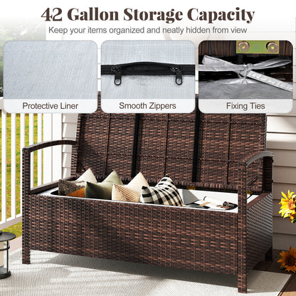 Outdoor PE Wicker Storage Bench 2 Seater with Cushion and 42 Gallon Deck Box-Beige