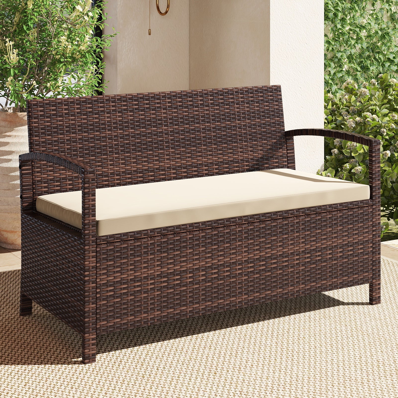 Outdoor PE Wicker Storage Bench 2 Seater with Cushion and 42 Gallon Deck Box-Beige