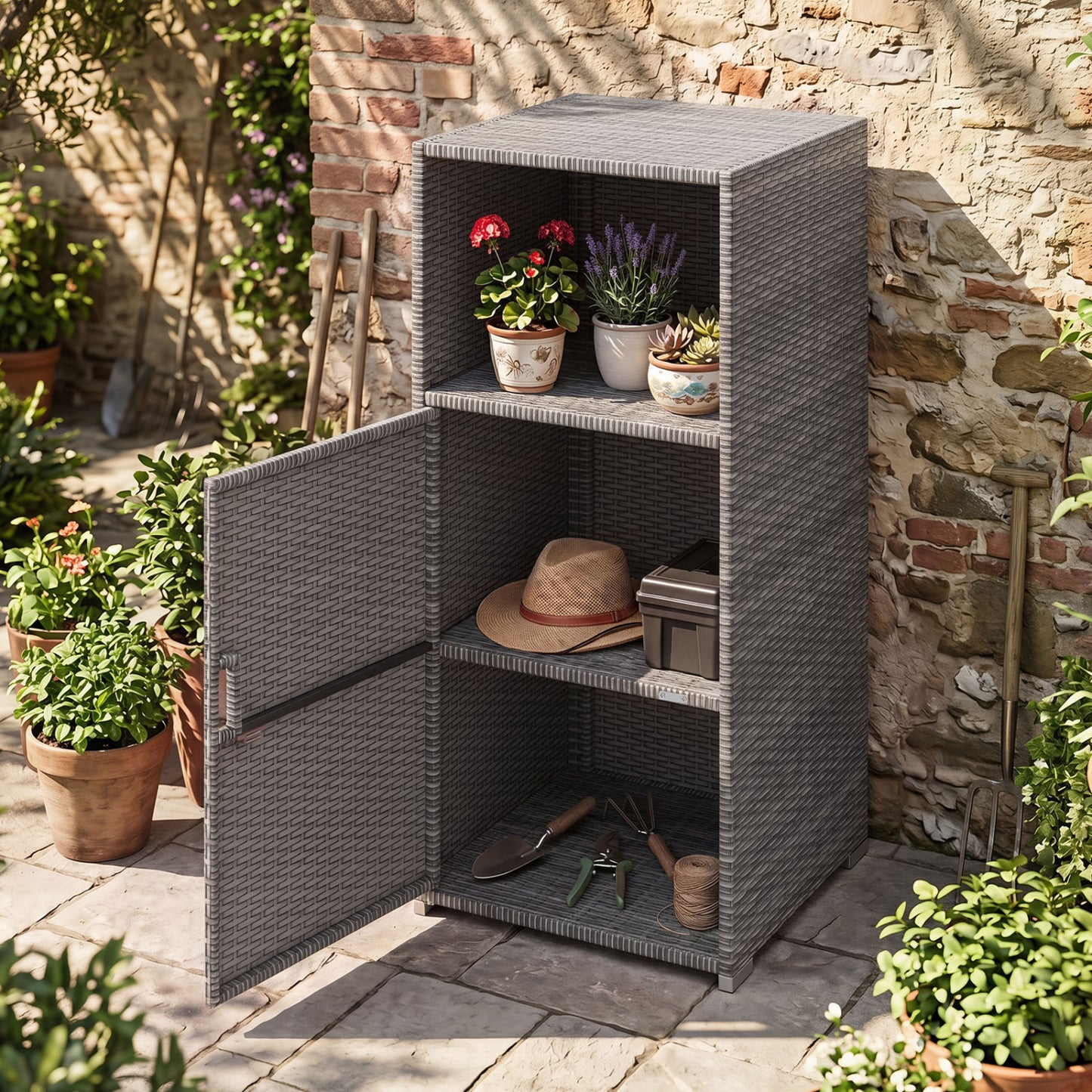 PE Wicker Storage Cabinet with Door and Open Shelf