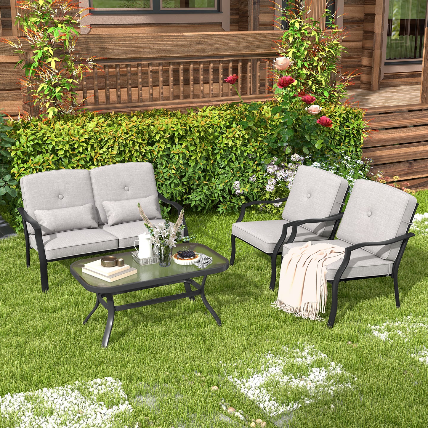 4 Pieces Outdoor Conversation Set with Seat Back Cushions and Waist Pillows