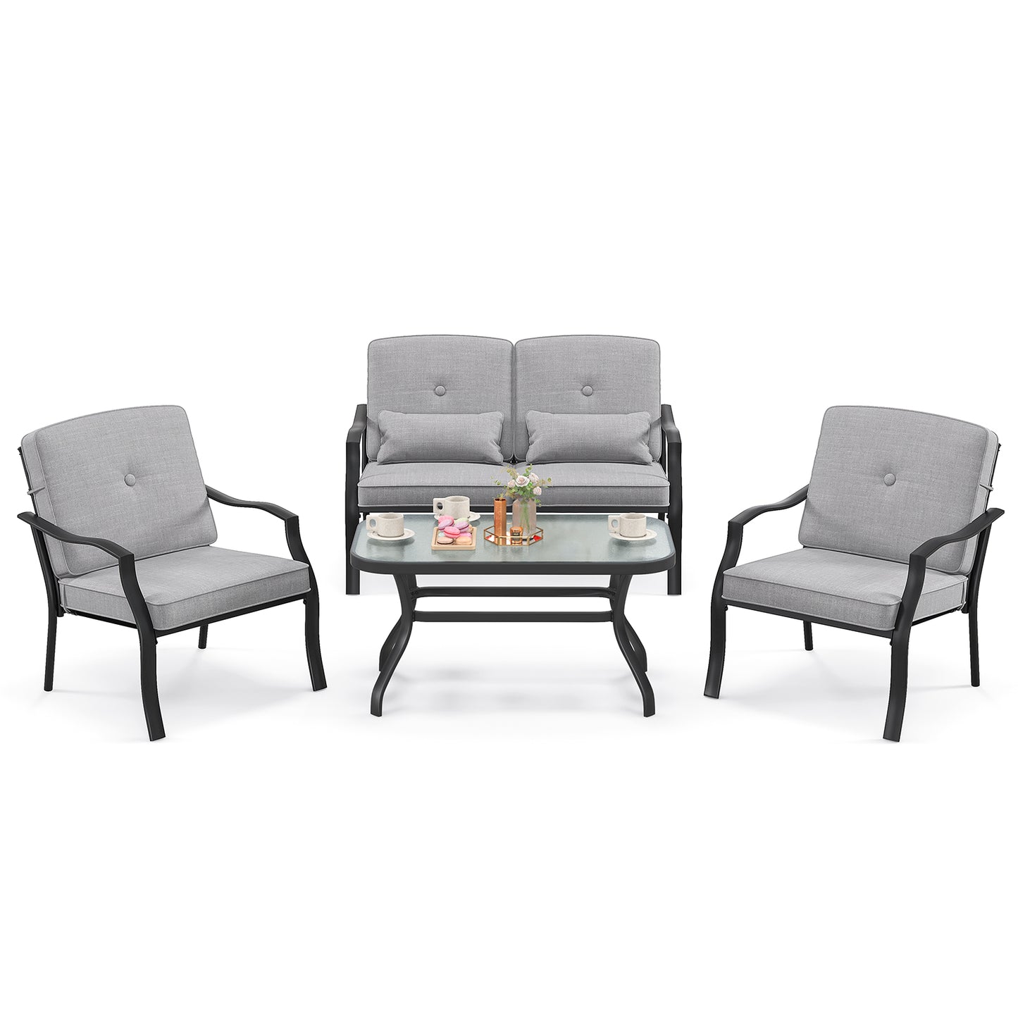 4 Pieces Outdoor Conversation Set with Seat Back Cushions and Waist Pillows
