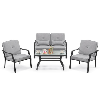 4 Pieces Outdoor Conversation Set with Seat Back Cushions and Waist Pillows