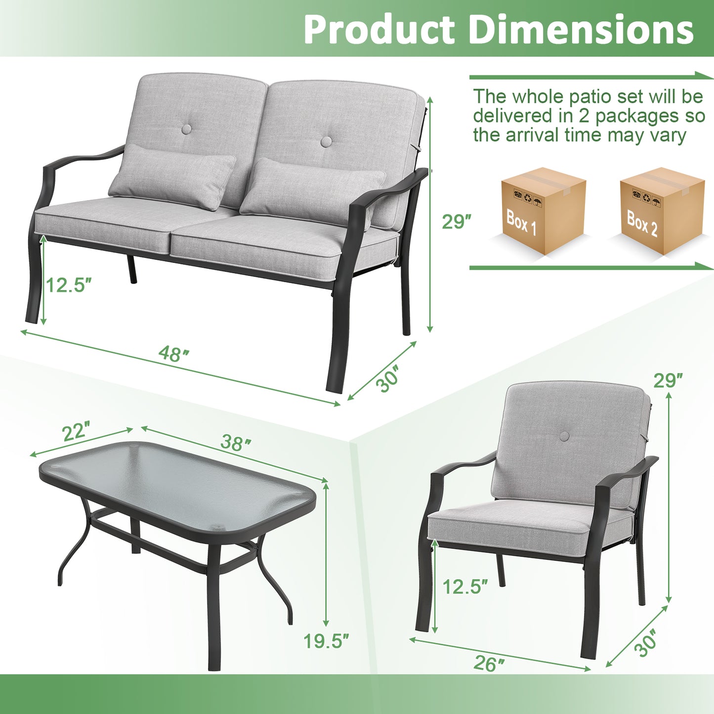 4 Pieces Outdoor Conversation Set with Seat Back Cushions and Waist Pillows