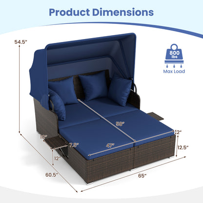 Outdoor Patio Rattan Daybed with Retractable Canopy and Side Tables-Navy