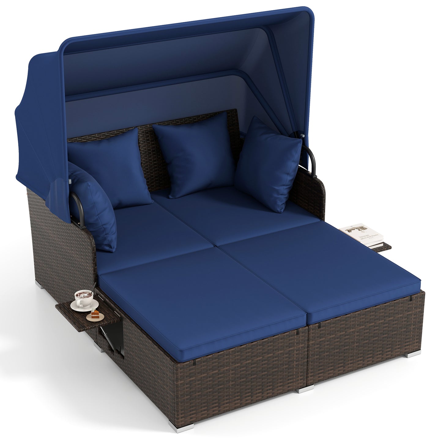 Outdoor Patio Rattan Daybed with Retractable Canopy and Side Tables-Navy
