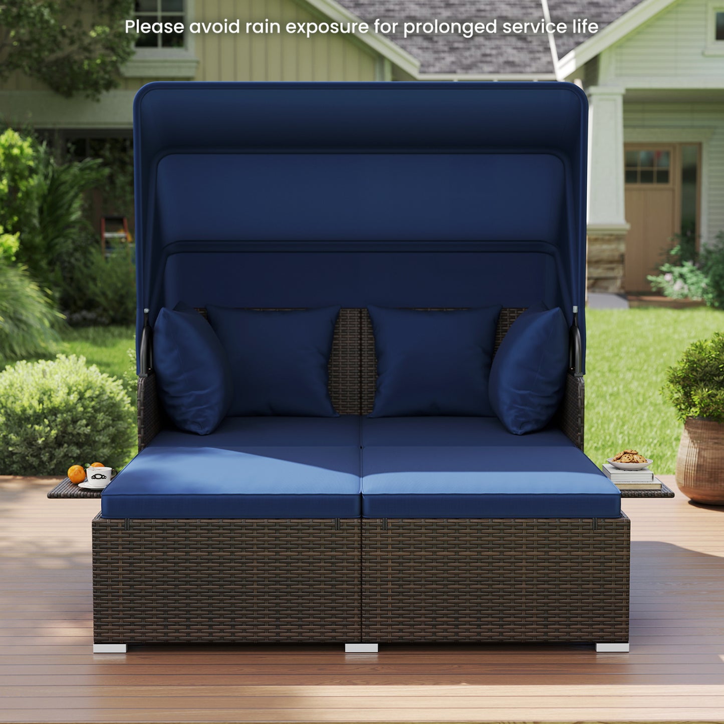 Outdoor Patio Rattan Daybed with Retractable Canopy and Side Tables-Navy