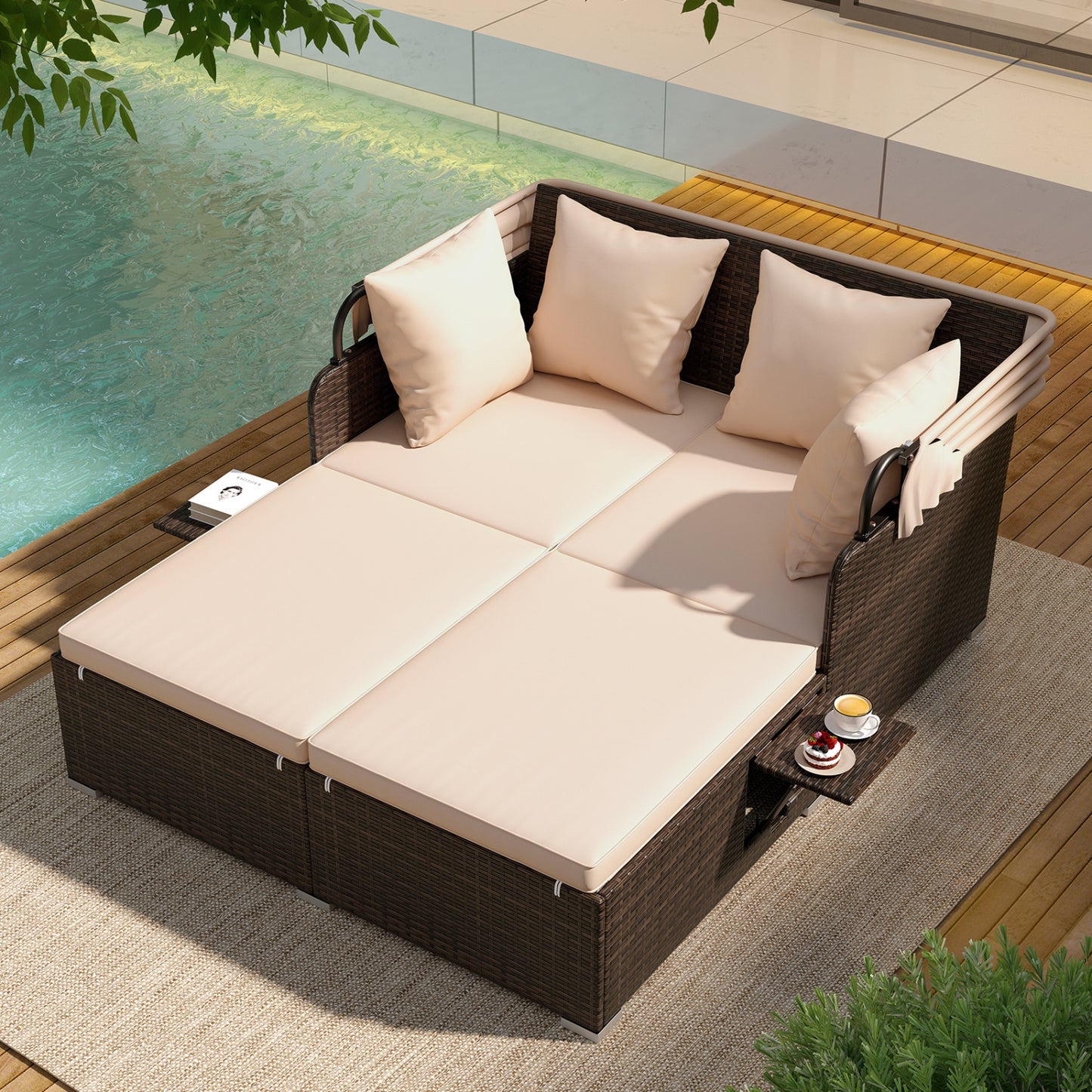Outdoor Patio Rattan Daybed with Retractable Canopy and Side Tables-Beige