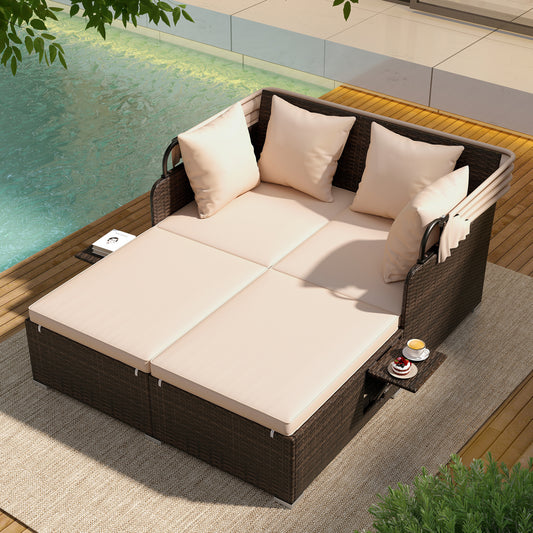 Outdoor Patio Rattan Daybed with Retractable Canopy and Side Tables-Beige