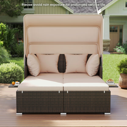 Outdoor Patio Rattan Daybed with Retractable Canopy and Side Tables-Beige
