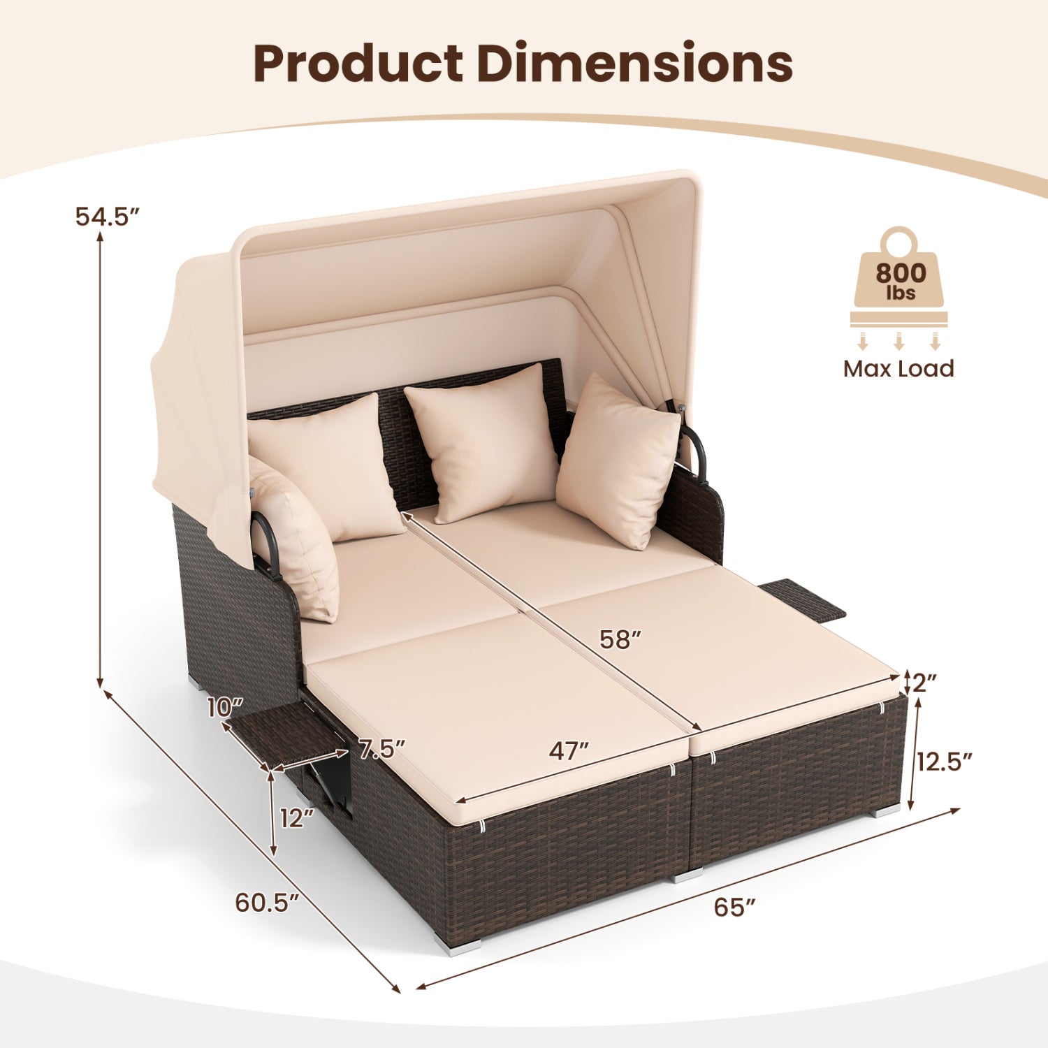 Outdoor Patio Rattan Daybed with Retractable Canopy and Side Tables-Beige