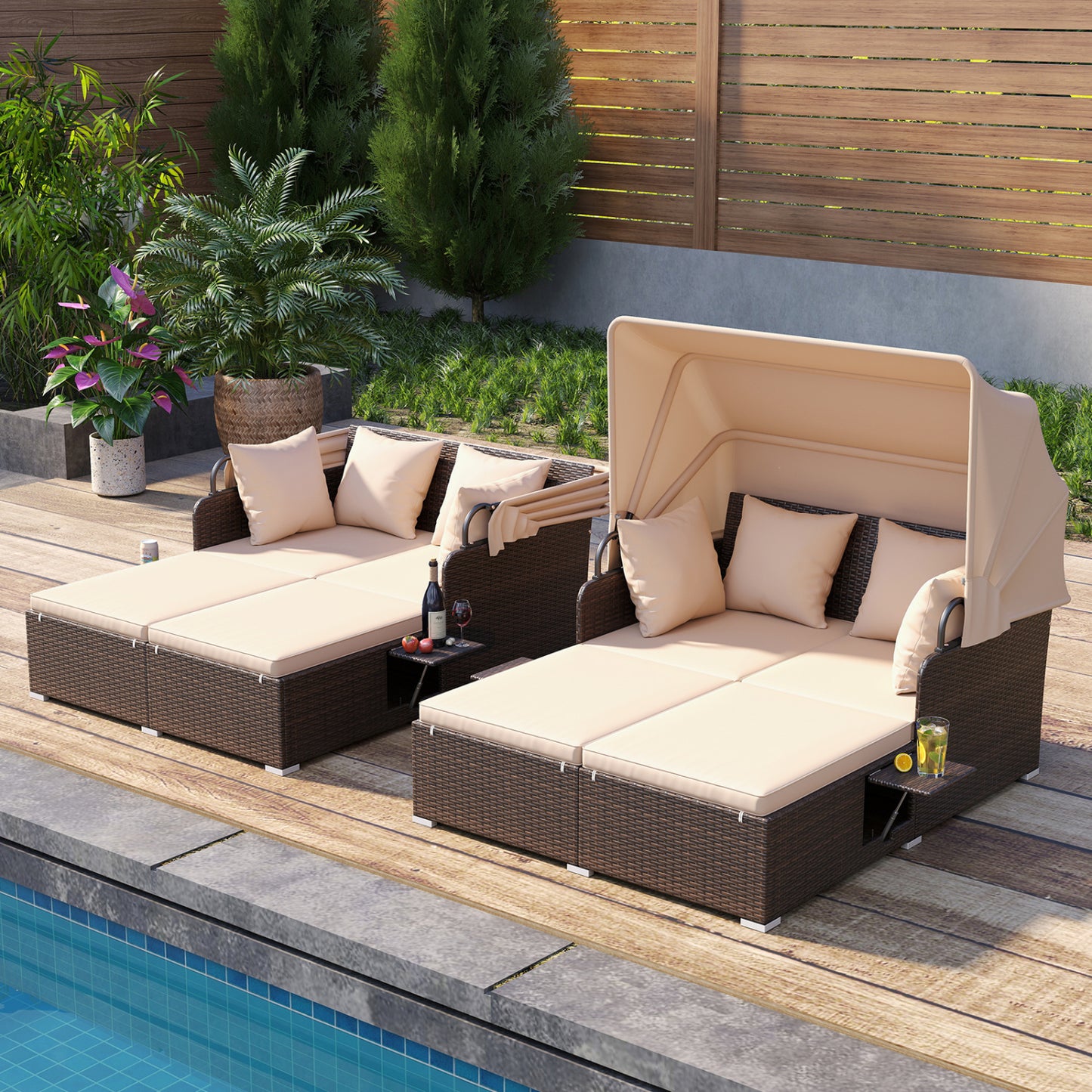 Outdoor Patio Rattan Daybed with Retractable Canopy and Side Tables-Beige
